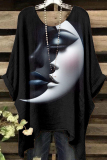Grey Casual Figure Print O Neck Batwing Sleeve Irregular Hem Oversize T-shirt