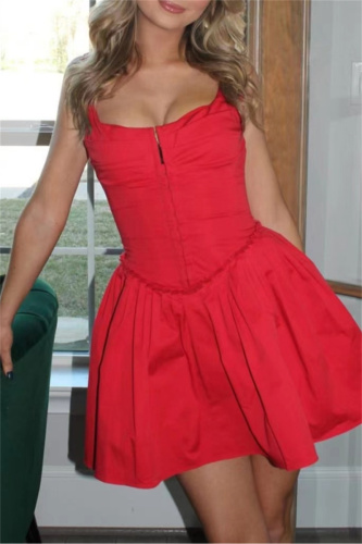 Red Sleeveless Ruched U Neck Vest Formal Evening Party Pleated Mini Slip Dresses