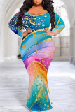 Casual Leopard Print Gradient O Neck Long Sleeve Mermaid Hem Long Plus Size Evening Party Bodycon Maxi Dress