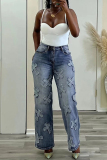 Light Blue Casual High Waist Tassel Cross Hip-Hop Straight Leg Denim Jeans