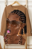 Brown Casual Figure Print O Neck Long Sleeve Fall Winter Sweatshirt