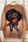Brown Casual Figure Print O Neck Long Sleeve Fall Winter Sweatshirt
