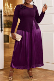 Dark Purple Casual 3D Flowers Decor Oblique Collar Long Sleeve Evening Party Formal Office Lady Pleated Maxi Dresses