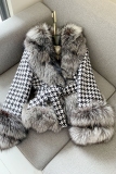 Black White Houndstooth Print Casual Turndown Collar Long Sleeve With Belt Silver Fox Fur Coats