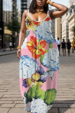 Teal Floral Print Backless Spaghetti Strap Floor Length Vacation Baggy Sundress Maxi Slip Dress