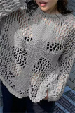 Apricot Casual Hollow Out O Neck Long Sleeve Beach Sweater