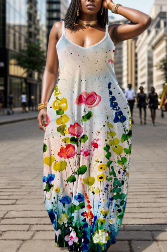 Teal Floral Print Backless Spaghetti Strap Floor Length Vacation Baggy Sundress Maxi Slip Dress