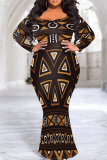 Dark Brown Casual Boho Graphics Print Gradient O Neck Long Sleeve Mermaid Hem Long Plus Size Evening Party Bodycon Maxi Dress