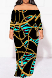 Red Floral Print Leopard Off Shoulder Long Sleeve Plus Size Bodycon Maxi Dress