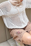 Apricot Casual Hollow Out O Neck Long Sleeve Beach Sweater