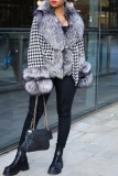 Black White Houndstooth Print Casual Turndown Collar Long Sleeve With Belt Silver Fox Fur Coats