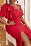 Red Bow Decor Square Neck Ruffle Sleeve One Step Skirt Side Slit Formal Evening Party Wedding Guest Bodycon Maxi Dress