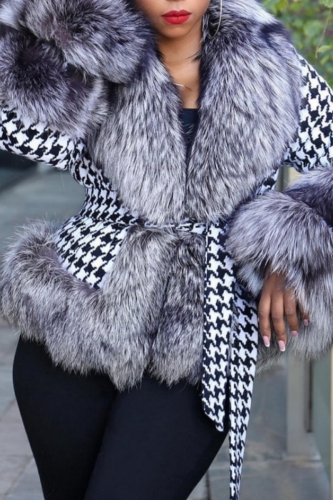 Black White Houndstooth Print Casual Turndown Collar Long Sleeve With Belt Silver Fox Fur Coats