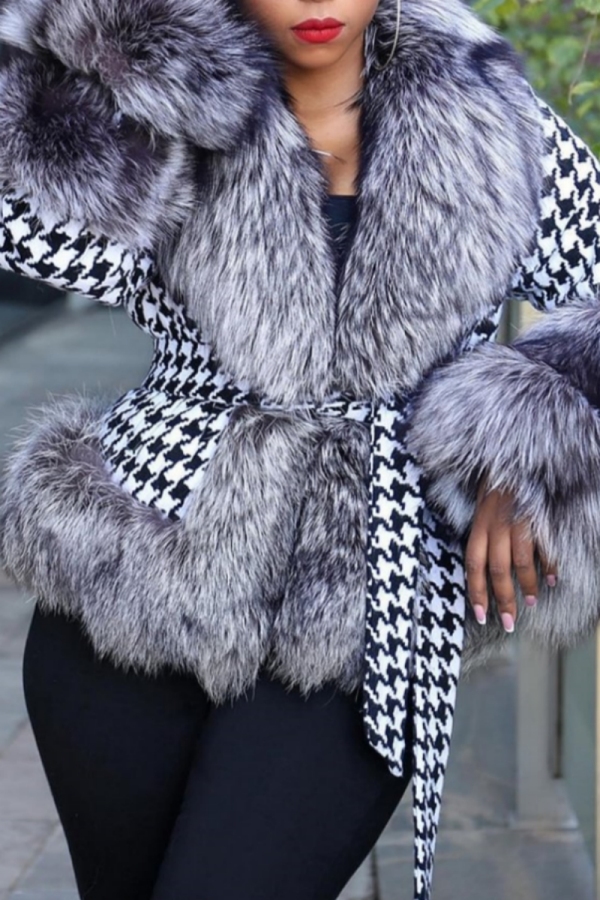 Black White Houndstooth Print Casual Turndown Collar Long Sleeve With Belt Silver Fox Fur Coats