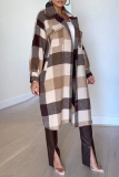 Brown Casual Plaid Print Pocket Turndown Collar Long Sleeve Longline Cardigan Jackets