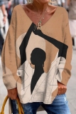 Brown Casual Graphics Print V Neck Long Sleeve Fall Winter Sweatshirt