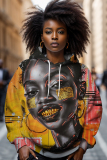 Brown Casual Figure Print Long Sleeve Fall Winter Hooded Sweatshirt