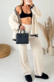 Off White Casual V Neck Long Sleeve Knitted Single-Breasted Jackets And Pants Two Piece Loungewear Outfit