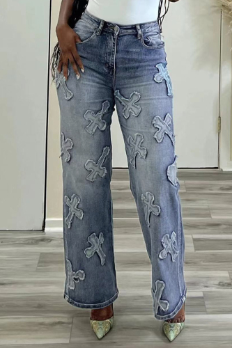 Light Blue Casual High Waist Tassel Cross Hip-Hop Straight Leg Denim Jeans