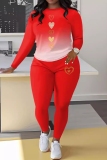 Red Casual Gradient Print O Neck Long Sleeve Sweatshirt And Skinny Sweatpants Sportwear Two Pieces Jogger Sets