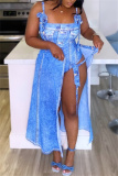 Blue Faux Denim Print Backless Sleeveless Belted One Piece Bodysuit Cover Up Side Slit Maxi Skirt Two Pieces Dress Sets