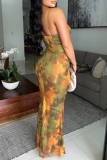 Orange Tie Dye Print Sleeveless Backless Belted Spaghetti Strap Long Formal Evening Party Bodycon Maxi Dress