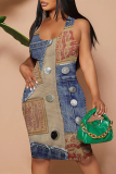 Dark Blue Street Faux Denim Print U Neck Sleeveless Vacation Bodycon Midi Tank Dress