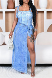 Blue Faux Denim Print Backless Sleeveless Belted One Piece Bodysuit Cover Up Side Slit Maxi Skirt Two Pieces Dress Sets