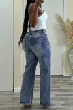 Light Blue Casual High Waist Tassel Cross Hip-Hop Straight Leg Denim Jeans