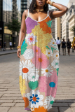 Teal Floral Print Backless Spaghetti Strap Floor Length Vacation Baggy Sundress Maxi Slip Dress