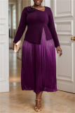 Dark Purple Casual 3D Flowers Decor Oblique Collar Long Sleeve Evening Party Formal Office Lady Pleated Maxi Dresses