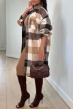Brown Casual Plaid Print Pocket Turndown Collar Long Sleeve Longline Cardigan Jackets