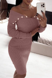 Navy Blue Street Pearls Decor Off Shoulder Long Sleeve Wrapped Skirt Knitted Bodycon Sweater Midi Dresses