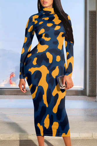 Orange Black Graphcis Print O Neck Long Sleeve Long Bodycon Maxi Dress