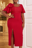 Red Bow Decor Square Neck Ruffle Sleeve One Step Skirt Side Slit Formal Evening Party Wedding Guest Bodycon Maxi Dress