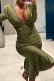 Green Deep V Neck Long Sleeve Ruffle Hem Wrapped Skirt Formal Evening Party Bodycon Midi Dress