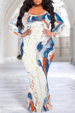 Casual Leopard Print Gradient O Neck Long Sleeve Mermaid Hem Long Plus Size Evening Party Bodycon Maxi Dress