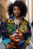 Blue Khaki Casual Figure Print Long Sleeve Fall Winter Hooded Sweatshirt