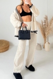 Off White Casual V Neck Long Sleeve Knitted Single-Breasted Jackets And Pants Two Piece Loungewear Outfit