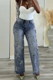 Light Blue Casual High Waist Tassel Cross Hip-Hop Straight Leg Denim Jeans
