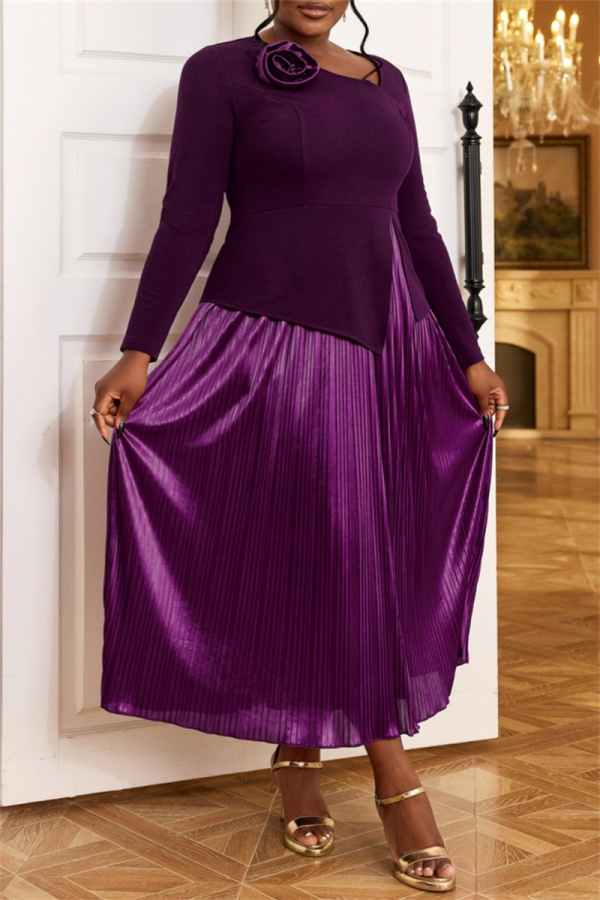 Dark Purple Casual 3D Flowers Decor Oblique Collar Long Sleeve Evening Party Formal Office Lady Pleated Maxi Dresses