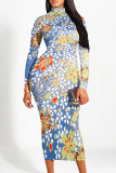 Off-white Street Geometric Flowers Print Half A Turtleneck Long Sleeve Bodycon Midi Dresses
