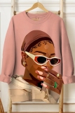 Brown Casual Figure Print O Neck Long Sleeve Fall Winter Sweatshirt