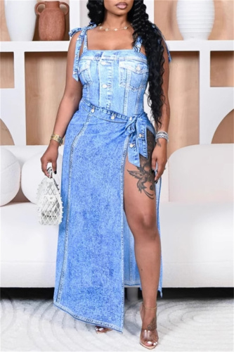 Blue Faux Denim Print Backless Sleeveless Belted One Piece Bodysuit Cover Up Side Slit Maxi Skirt Two Pieces Dress Sets