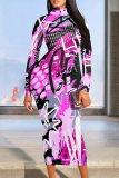 Off-white Street Geometric Flowers Print Half A Turtleneck Long Sleeve Bodycon Midi Dresses