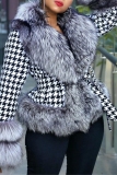 Black White Houndstooth Print Casual Turndown Collar Long Sleeve With Belt Silver Fox Fur Coats