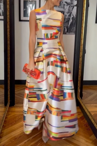 Multicolor Casual Graphics Print Backless Sleeveless O Neck Formal Evening Party Long Maxi Dresses