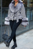 Black White Houndstooth Print Casual Turndown Collar Long Sleeve With Belt Silver Fox Fur Coats