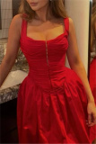 Red Sleeveless Ruched U Neck Vest Formal Evening Party Pleated Mini Slip Dresses