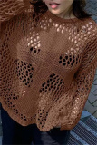 Apricot Casual Hollow Out O Neck Long Sleeve Beach Sweater